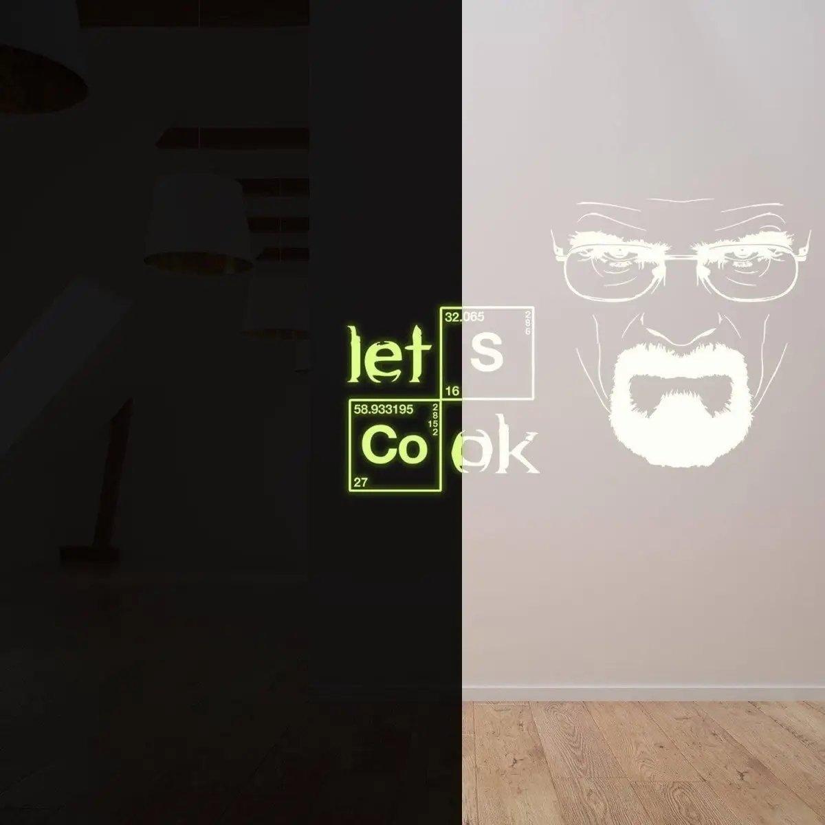 Breaking Bad glow-in-the-dark decal featuring 'let's cook' with a character silhouette on wall.