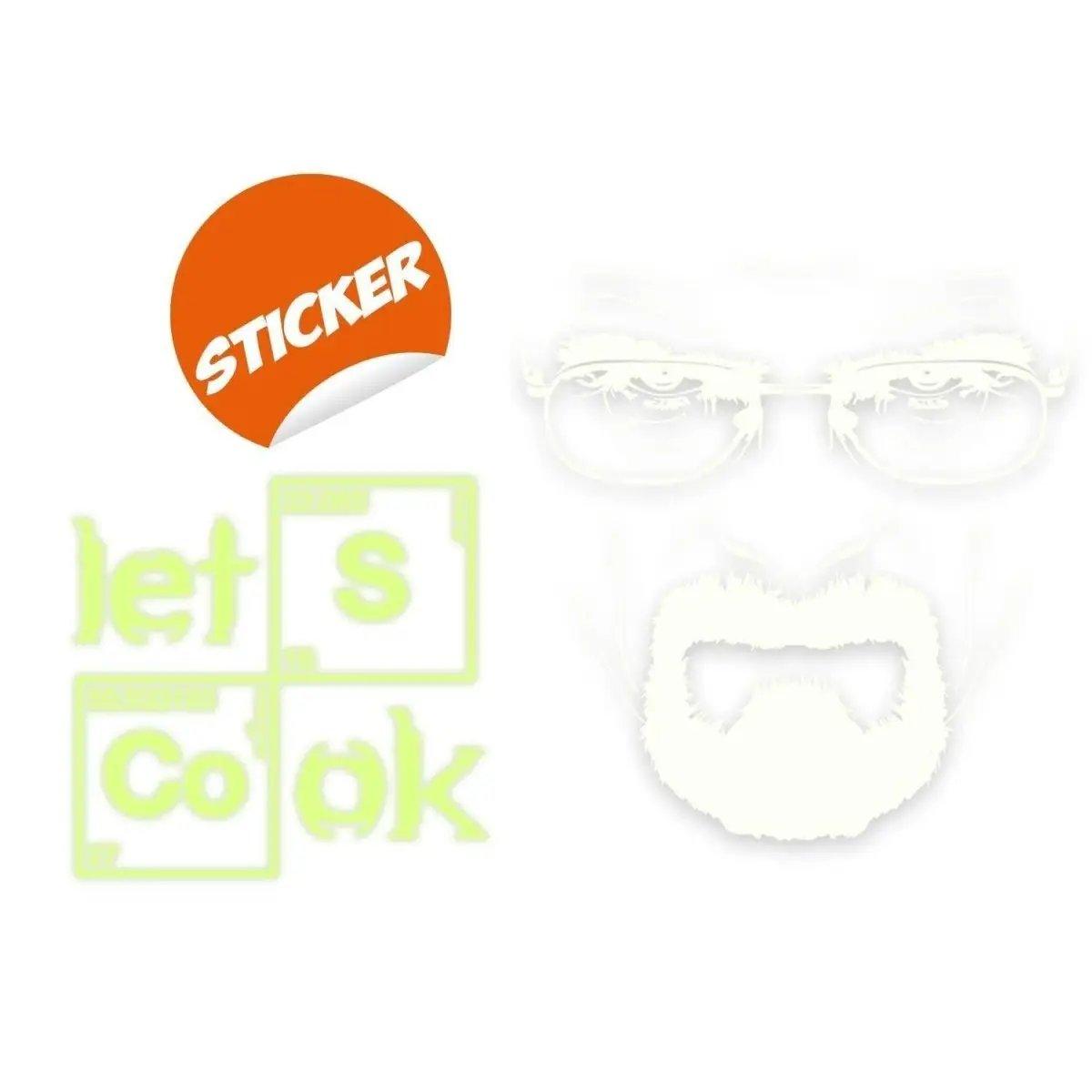 Glow-in-the-dark Breaking Bad kitchen wall decal featuring 'Let's Cook' text and iconic glasses and beard design.