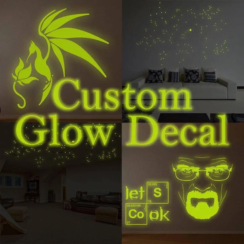 Custom glow-in-the-dark wall decals showcasing unique designs in a cozy living space.