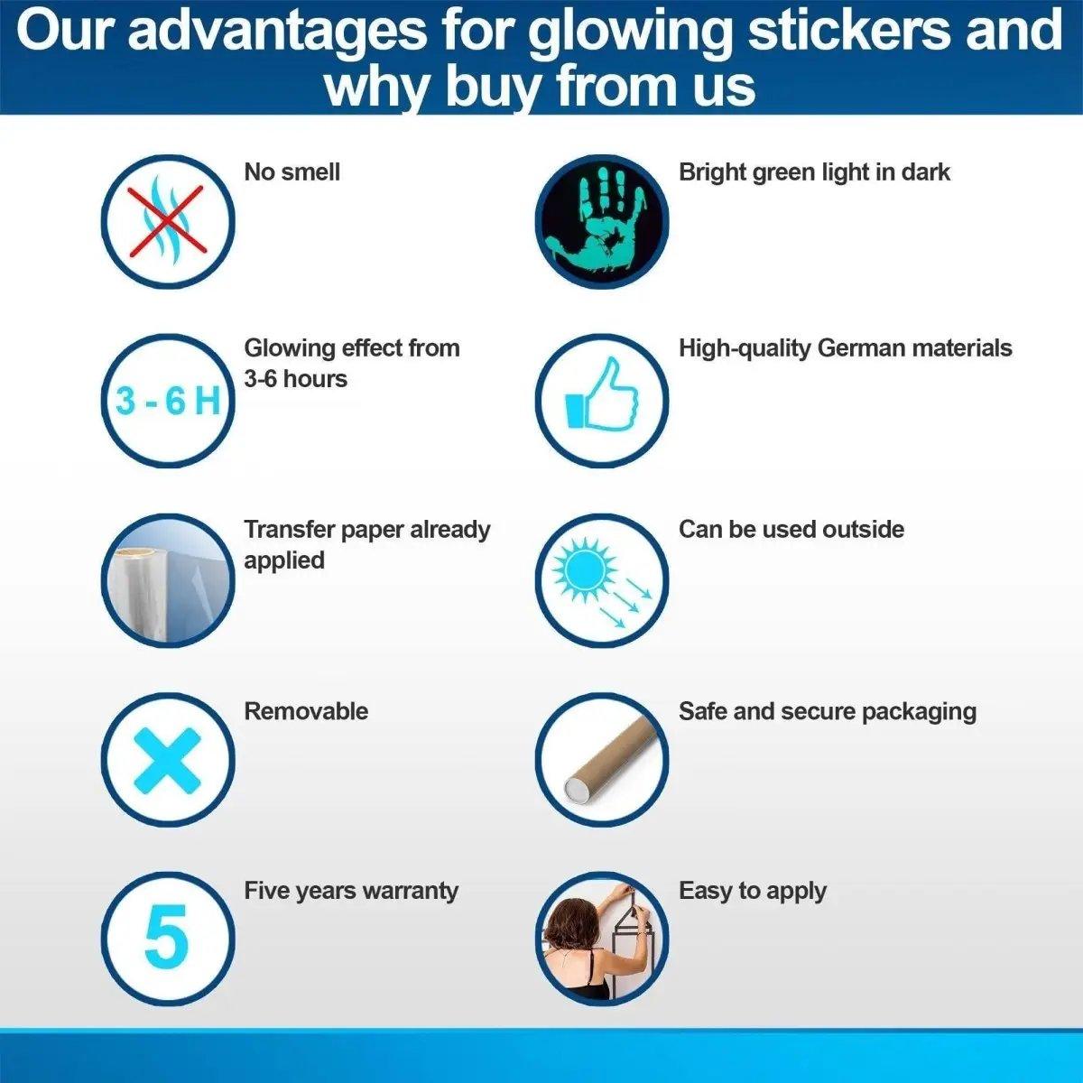 List of advantages for glow-in-the-dark stickers: no smell, bright light, quality materials, removable, easy to apply.