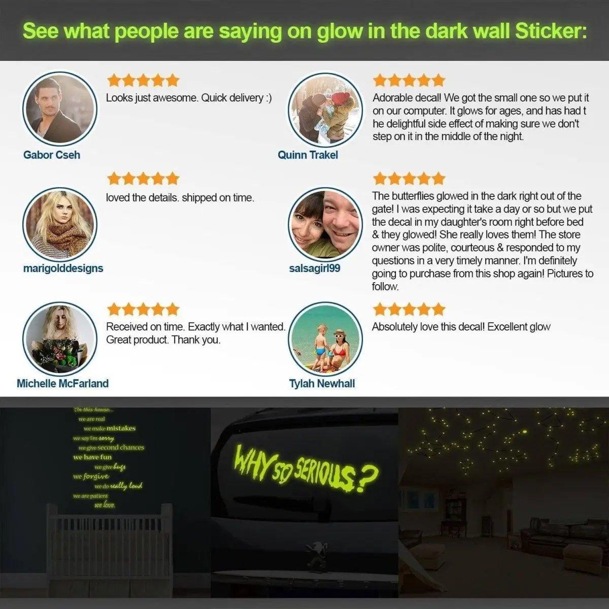 Customer reviews for glow-in-the-dark wall stickers showcasing positive feedback and starry design.