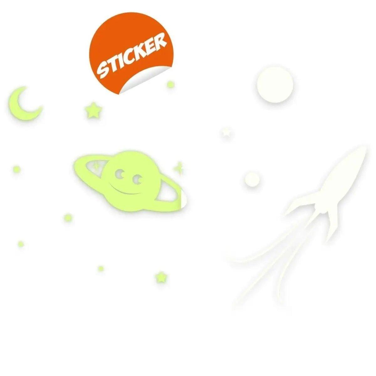 Glow in the dark star wall stickers including planets, stars, and a rocket for kids' room decor.