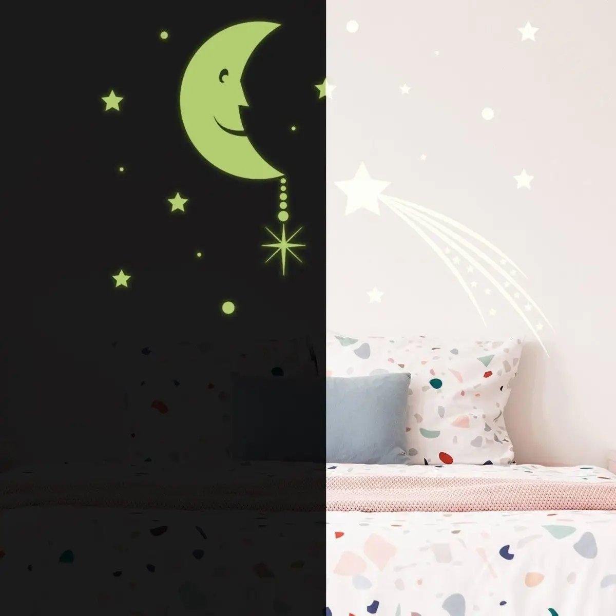 Glowing moon and stars wall decals in dark and light settings for dreamy room decor.