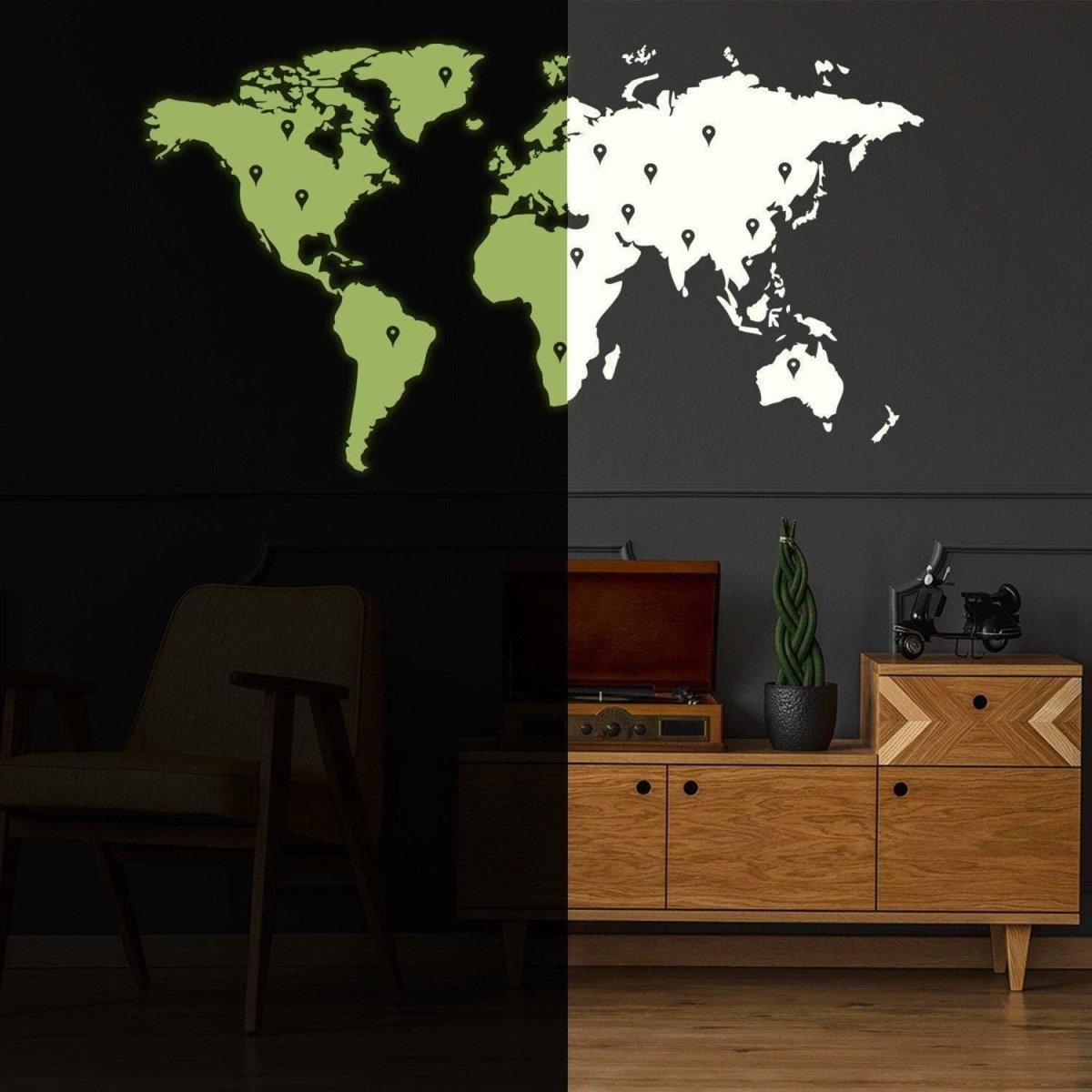 Glowing Earth wall sticker on dark wall, showcasing a world map that illuminates at night.