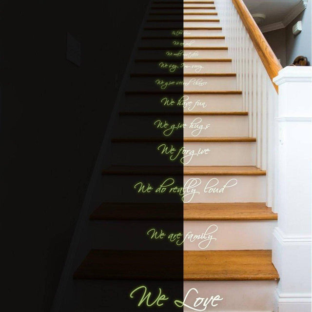 Glow-in-the-dark stair decals featuring a family love quote, creating enchanting ambiance at home.