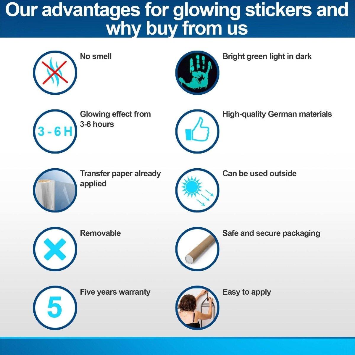 Benefits of glowing stickers: no smell, bright green light, high-quality materials, easy application, and more.