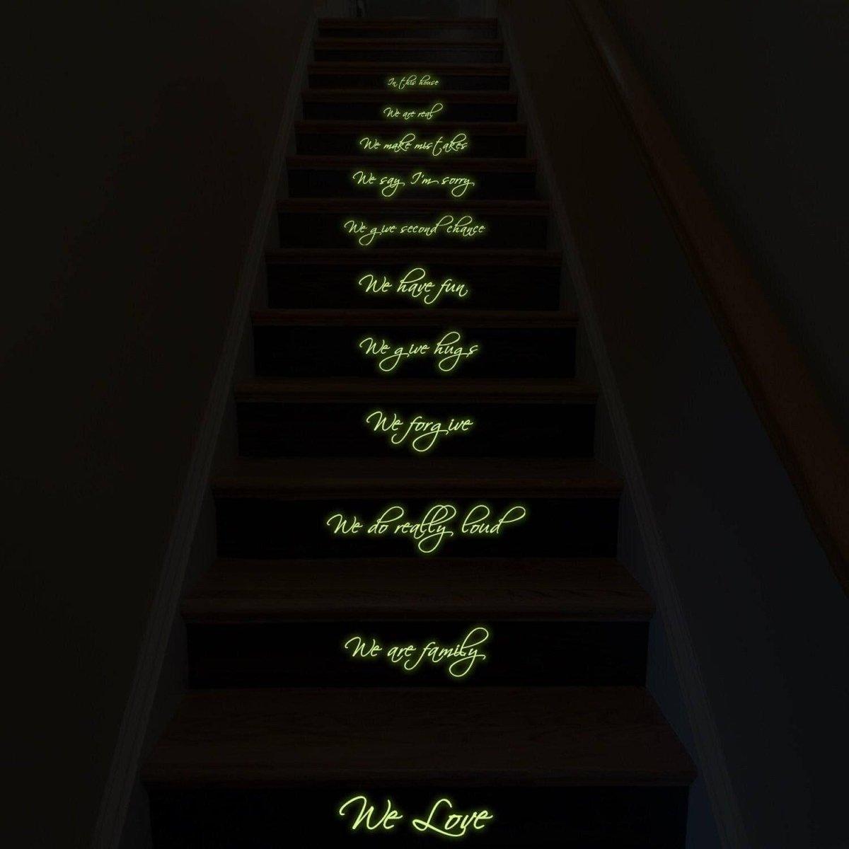 Glow-in-the-dark staircase decals with family quotes creating a magical ambiance in the home.