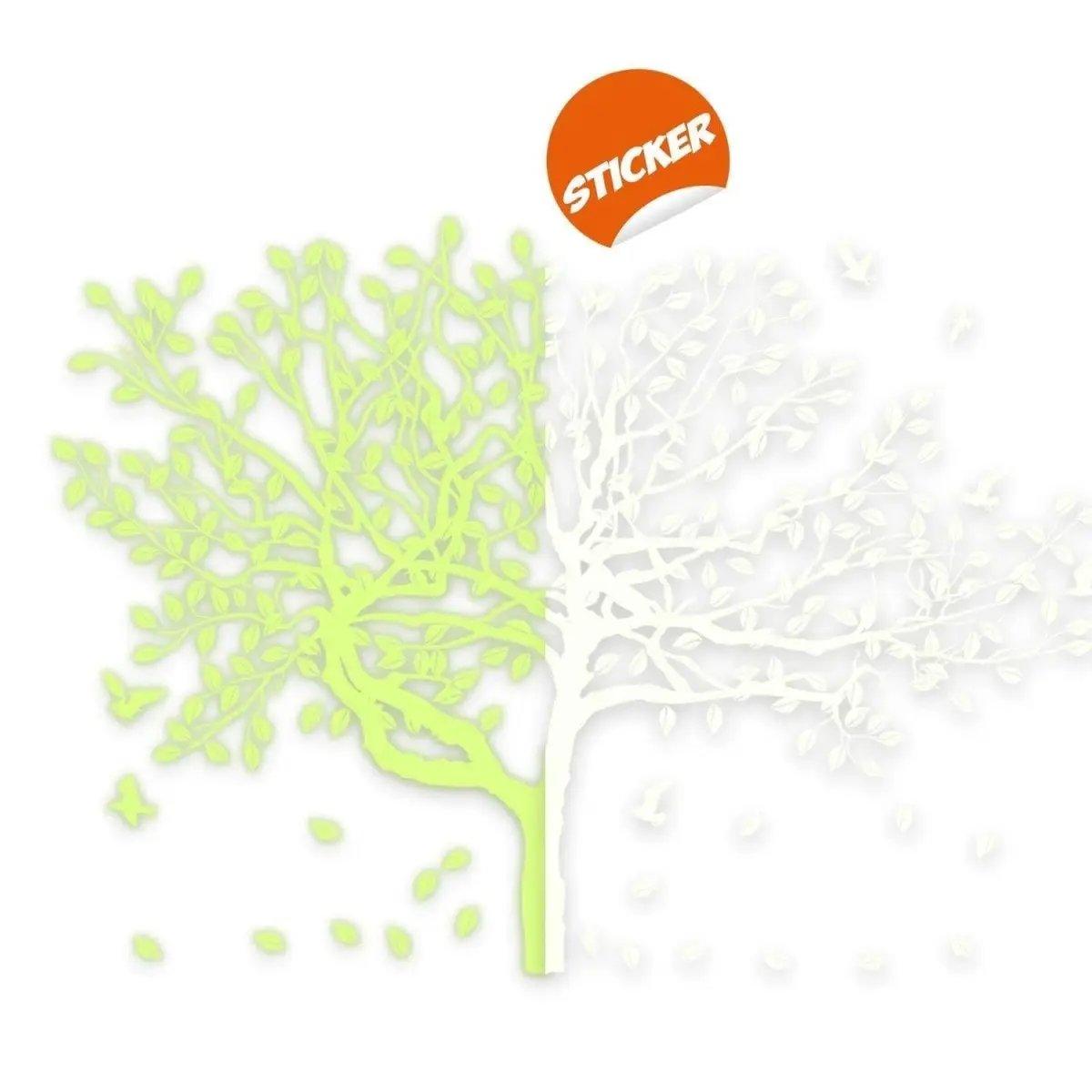 Glow-in-the-dark tree wall decal featuring vibrant green and white leaves for children's room decor.