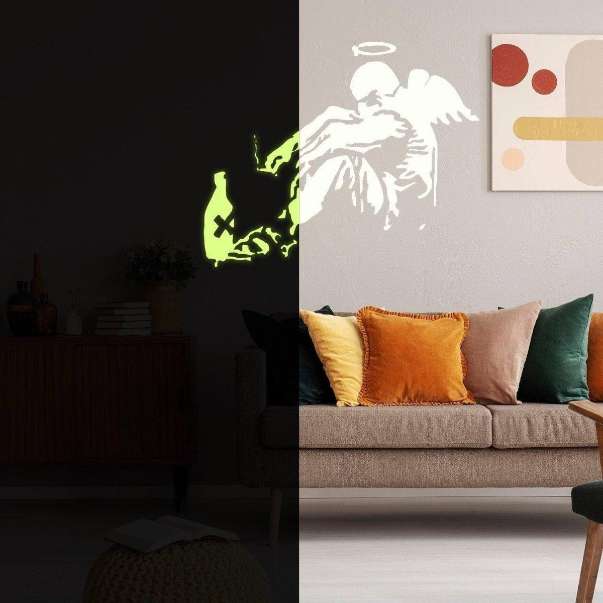 Glowing guardian angel wall sticker illuminating a modern living room with colorful cushions and decor.