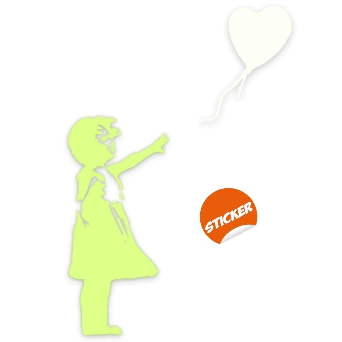 Glow in the dark wall decal of a girl holding a balloon, perfect for adding magic to any room.