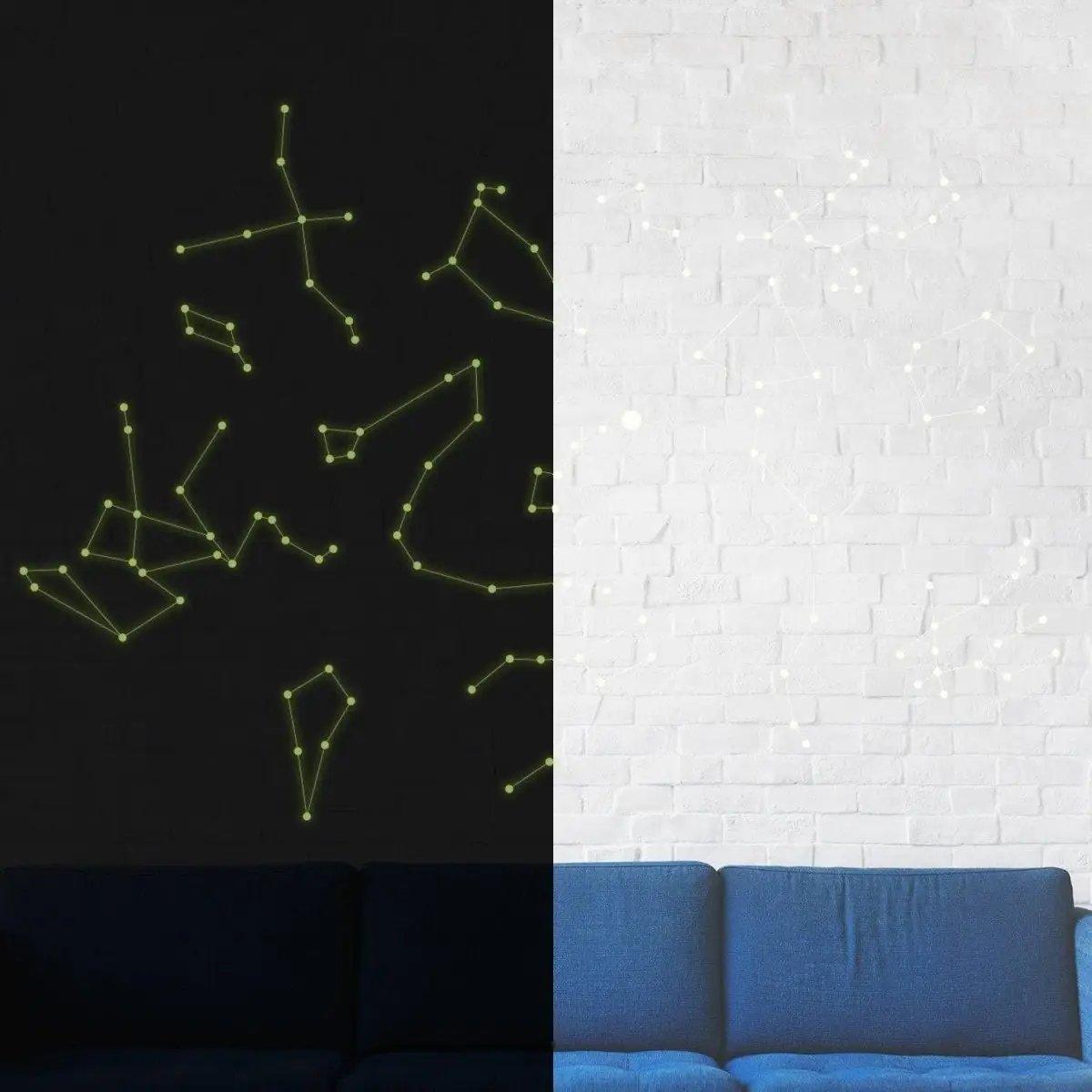 Glow-in-the-dark starry sky ceiling decals showcasing luminous constellations on black and white walls.