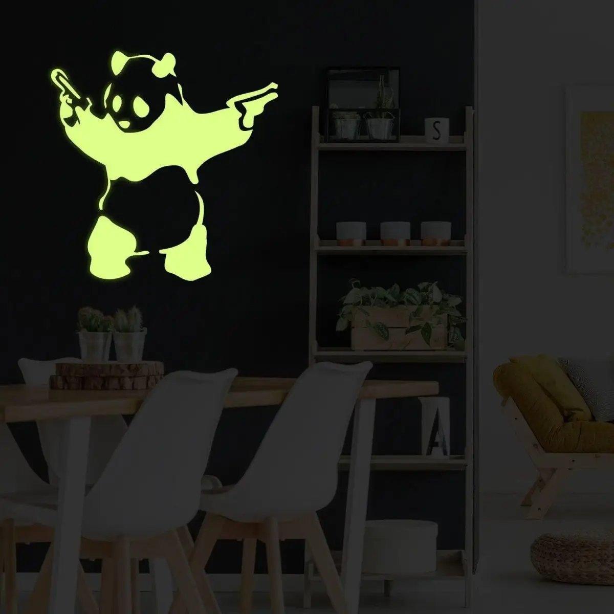 Luminous panda wall decal in a modern living space, adding urban art flair to home decor.