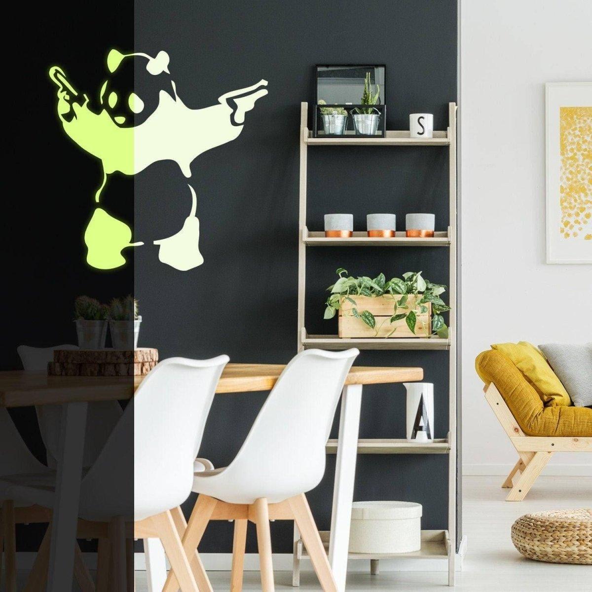 Glowing panda wall decal in urban setting, adding excitement to modern decor with luminous street art style.