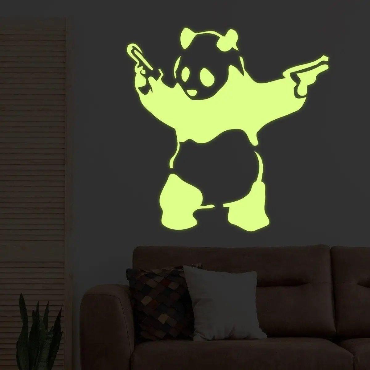 Glowing panda wall decal in urban style, luminous art sticker for home decor.