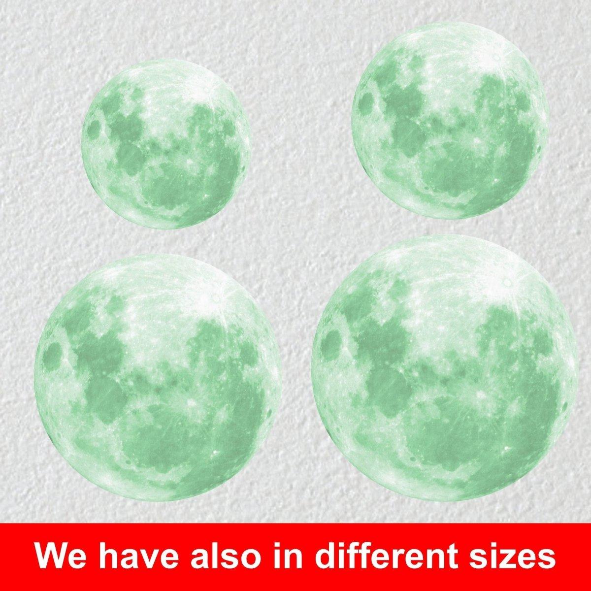 Glow in the dark moon wall decals in various sizes for a celestial bedroom theme.
