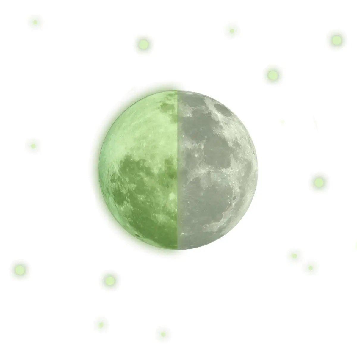 Glowing celestial moon wall decal showing half luminous green and half realistic gray, perfect for kids' room decor.