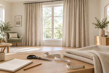 A pair of oatmeal linen curtains with matching fabric, a tailor measuring tape, closed scissors and a notebook on a wooden table