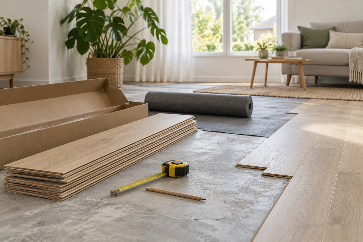 Oak flooring planks, an open pack, tape measure and underlay roll in a bright living room renovation