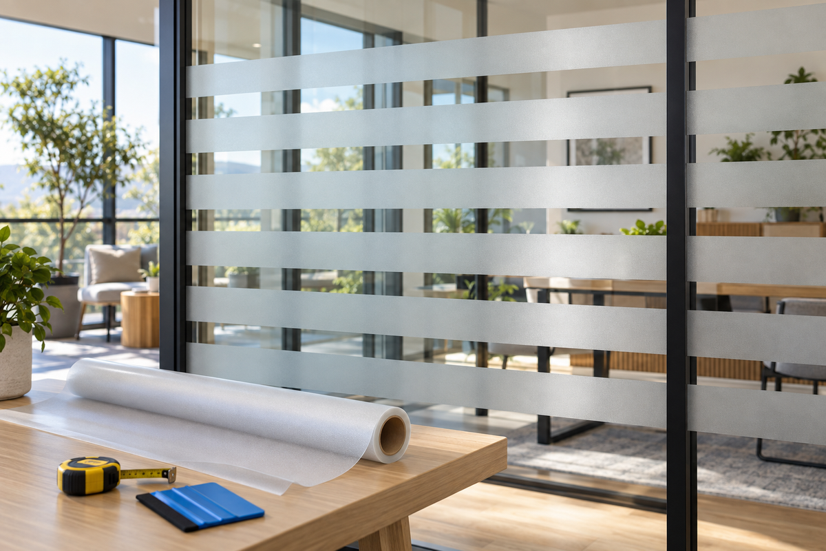Horizontal frosted film stripes on a glass partition, with a film roll, measuring tape and squeegee on a table
