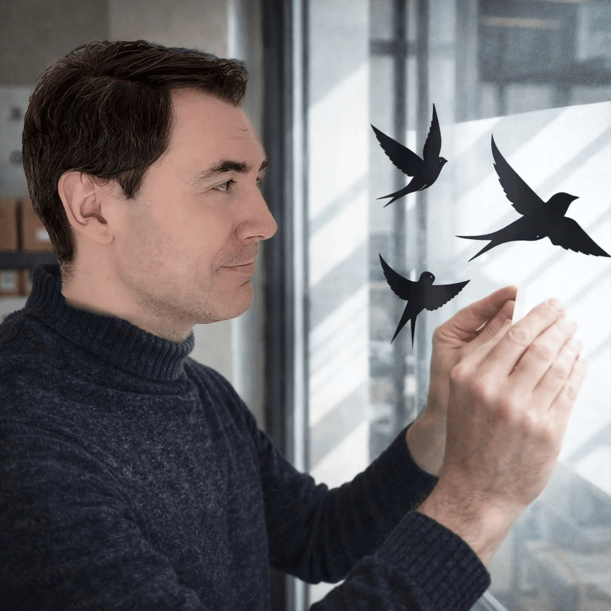 Ein Mann bringt schwarze Fensteraufkleber in Form fliegender Vögel auf Glas an.