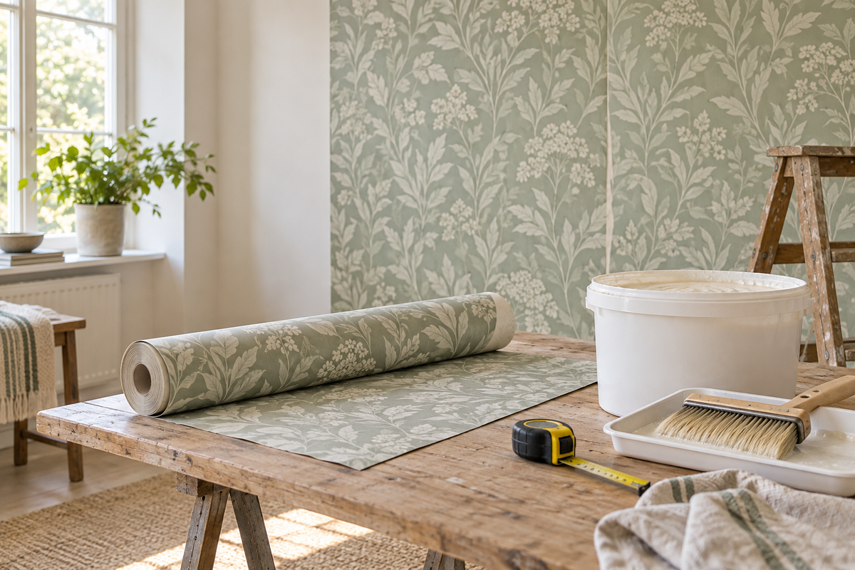 Wallpaper roll, plain adhesive tub, paste brush and measuring tape in a bright room with soft green botanical wallpaper