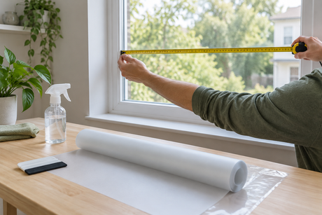 Measuring a window pane beside a roll of frosted window film and application tools