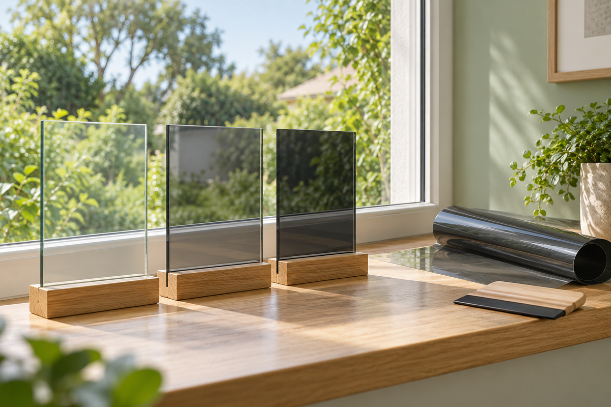 Clear and grey tinted glass samples beside a roll of window film on a sunlit oak window ledge