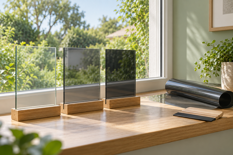Clear and grey tinted glass samples beside a roll of window film on a sunlit oak window ledge
