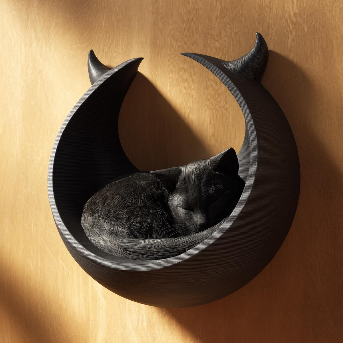 Schwarzes 3D-gedrucktes Katzen-Wandbett in Mondsichelform mit grauer Katze