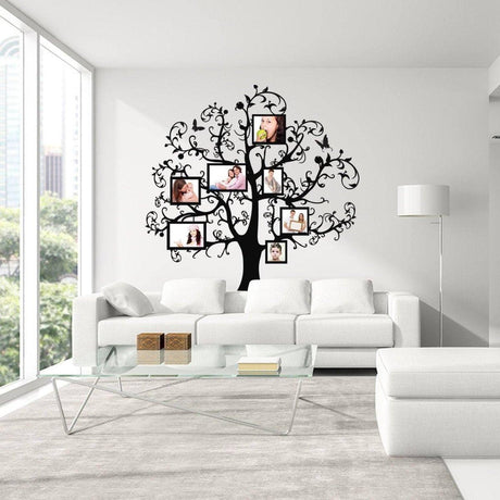 Family tree photo frame wall decal displayed as the focal decor in a modern living room.