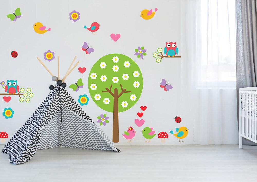 Nursery Tree Vinyl Wall Decal - Large Decor Bird Owl Boy Girl Kid Baby Art Set Sticker