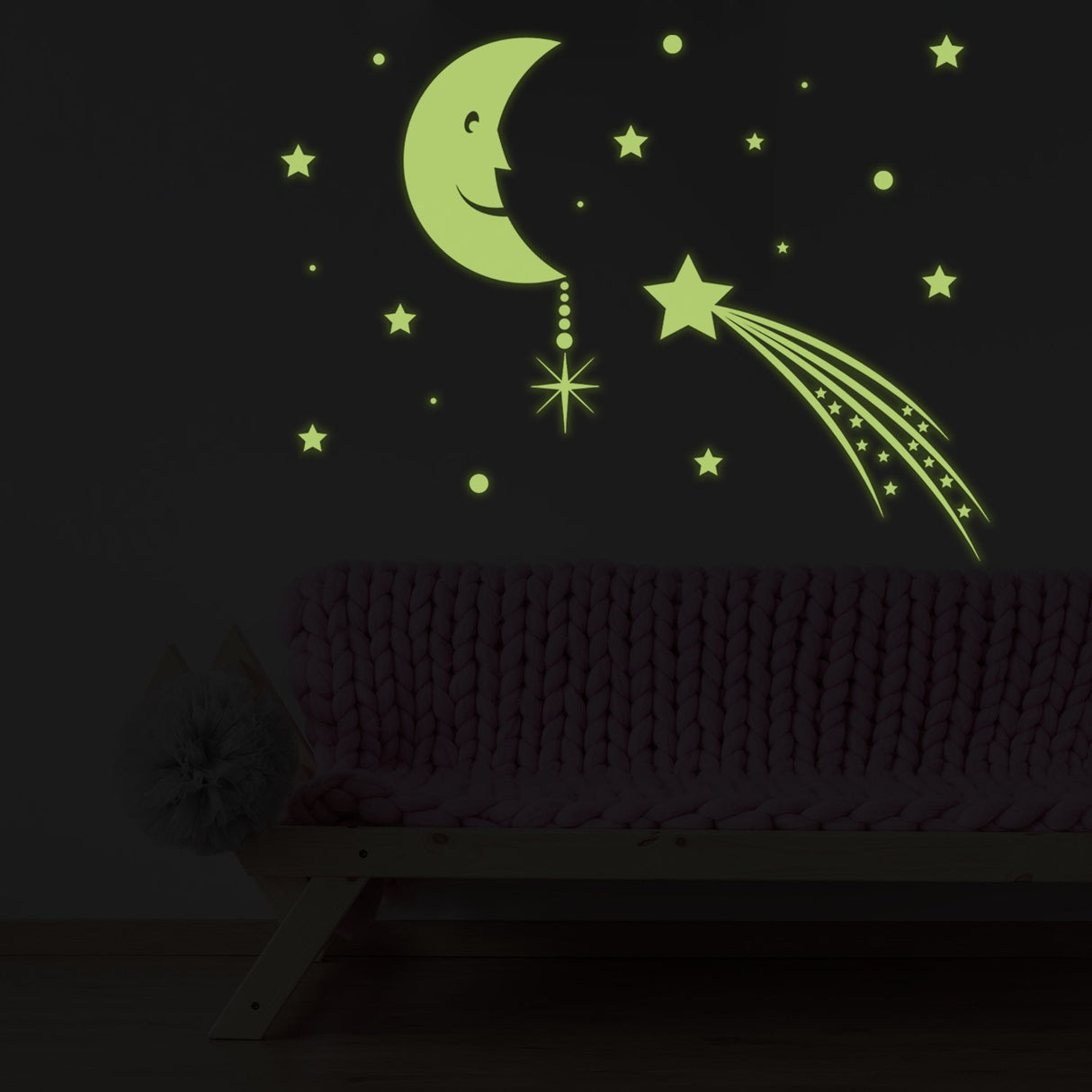Glowing Moon with Stars Sky Sticker - Glow in the Dark Falling Star Decor Decals