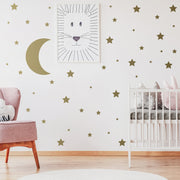 116-piece moon and star vinyl wall decal set in a coordinated color for bedroom, playroom or classroom decor.