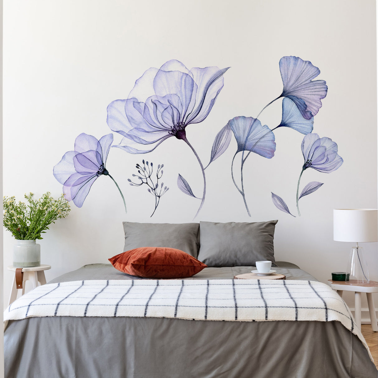 Floral Wall Vinyl Sticker Mural - 3d Blue Flowers Stick Peel Living Room Decor Decal
