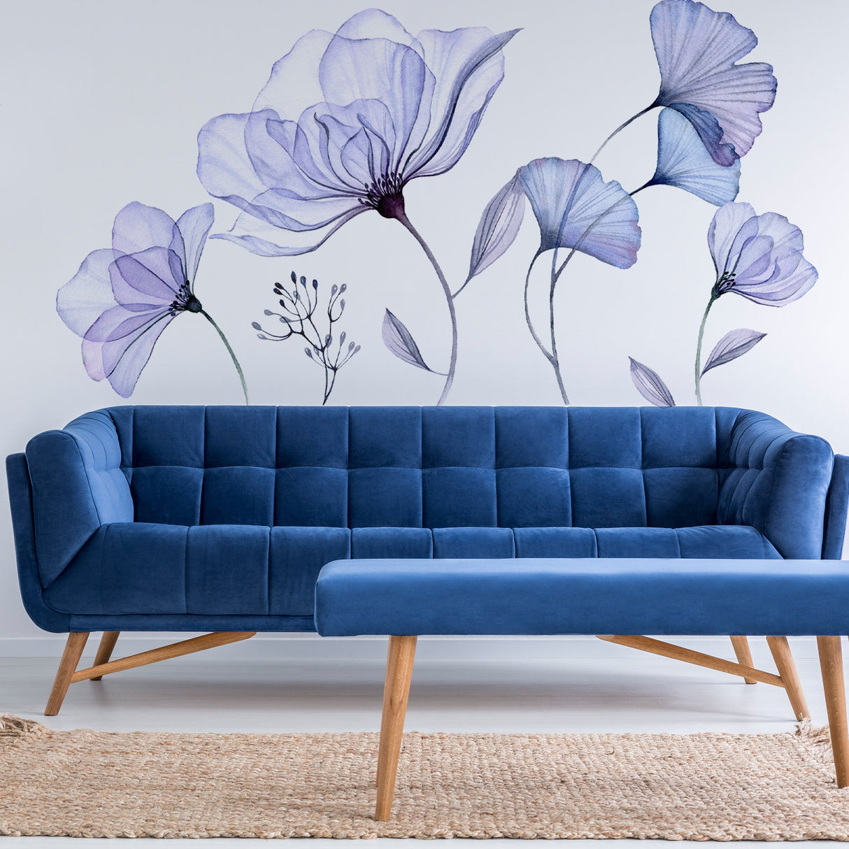 Floral Wall Vinyl Sticker Mural - 3d Blue Flowers Stick Peel Living Room Decor Decal