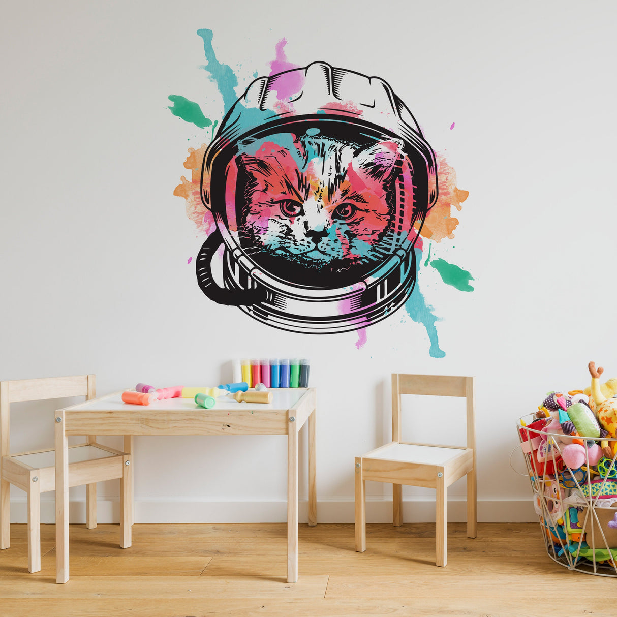Space Cat Wall Art Decor Transfer Sticker - Funny Astronaut Kitten Decoration Decal