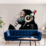 Banksy Monkey With Headphones Wall Sticker - Large Bansky Thinking Dj Chimp Vinyl Decal