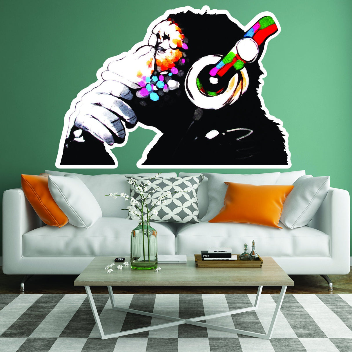 Banksy Monkey With Headphones Wall Sticker - Large Bansky Thinking Dj Chimp Vinyl Decal