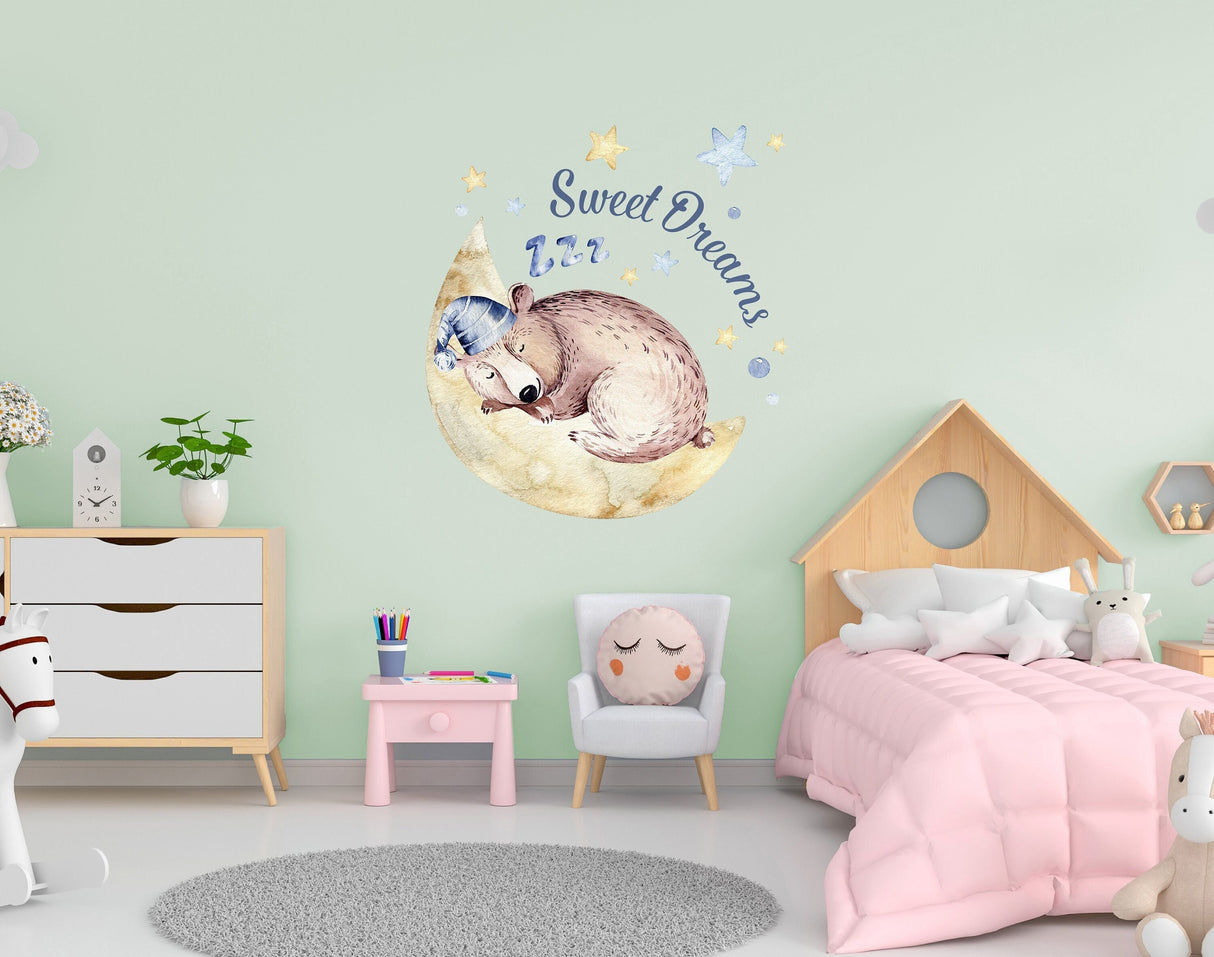 Cute Sleeping Animal Nursery Wall Sticker - Sweet Dreams Cloud Kid Baby Room Decor Decal