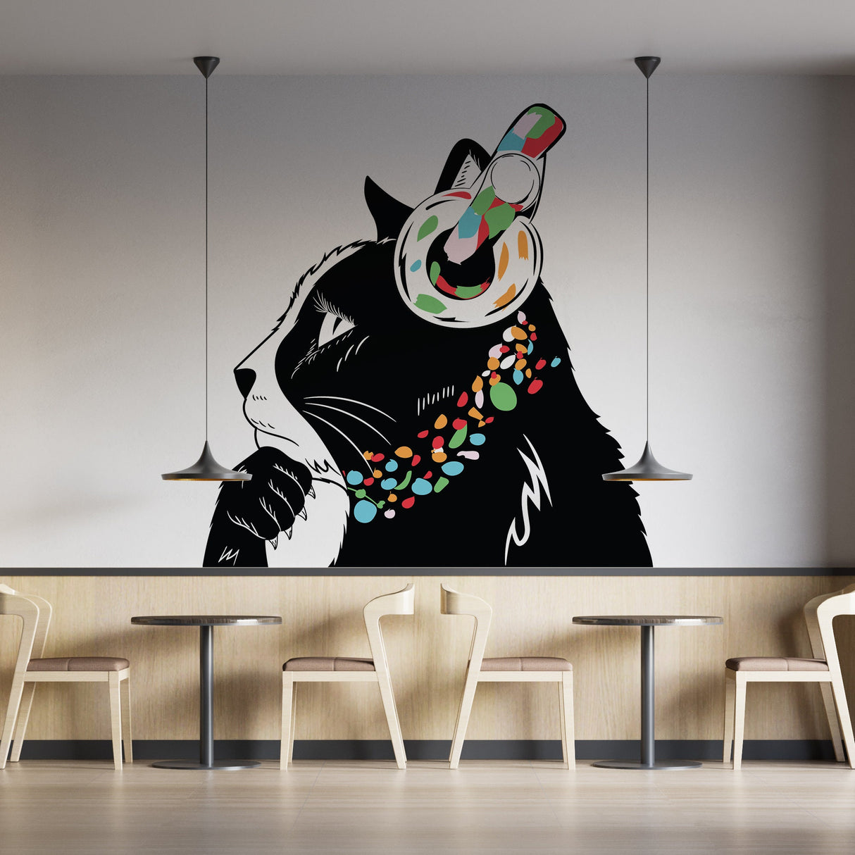 Cat Wall Art Sticker - Thinking Dj Kitten Head Headphones Vinyl Decal