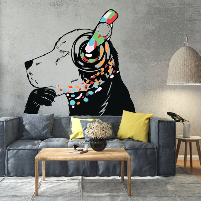 Dog Wall Art Sticker - Thinking Dj Puppy Head Headphones Vinyl Decal