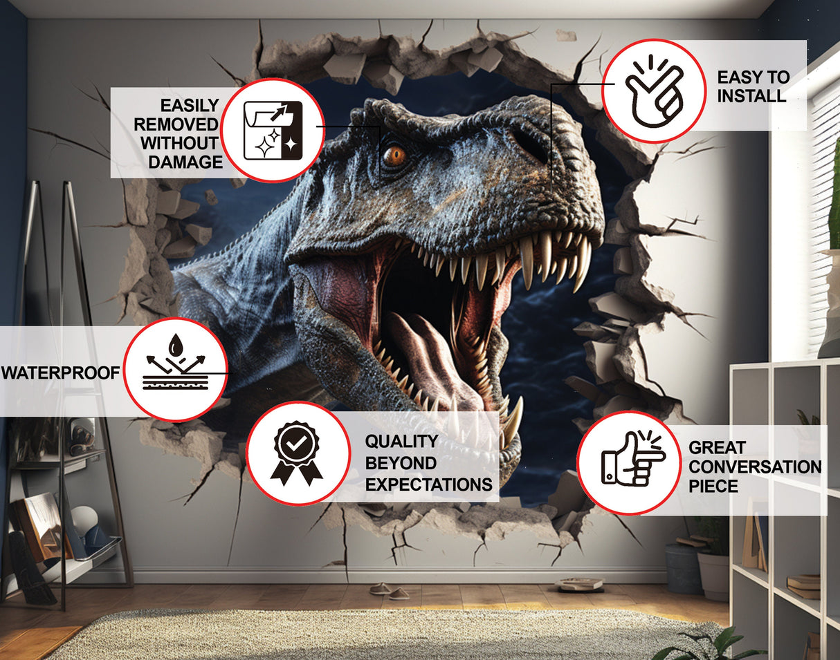 3D Dinosaurs Art Wall Sticker - Vinyl Decor with Broken Illusion Effect
