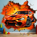 3D Fire Car Wall Sticker - Dynamic Crack Auto in Hole Art Decal - Boys Bedroom Broken Smashed Wall Vehicle Mural Decor - Sports Car Sticker