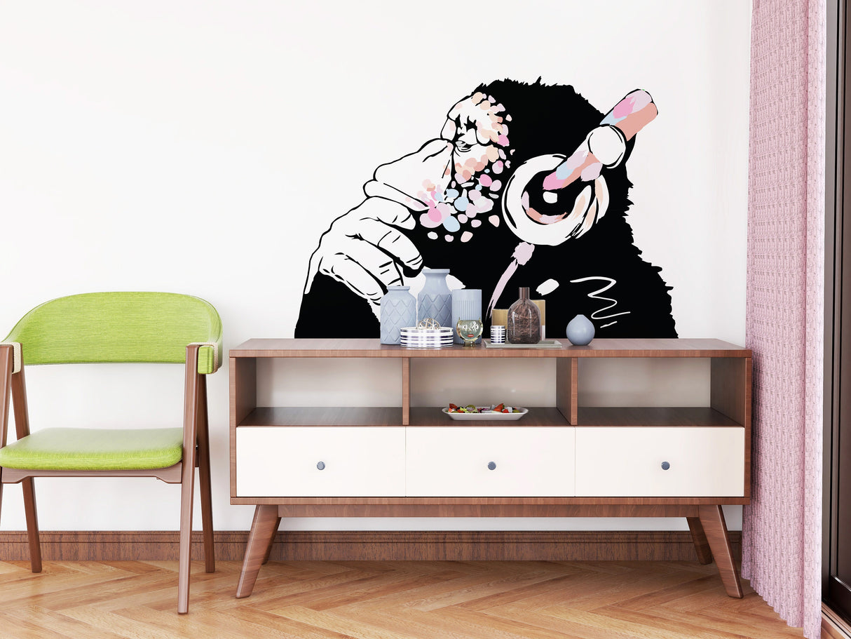 Banksy Inspired Thinking Monkey Decal In Pink Color - DJ Chimp Street Art Boho Girls Room Light-Toned Vinyl Sticker