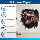 3D Dinosaurs Wall Decal - Peel and Stick Illusion Porthole Sticker - Cracked Wall Art Mural