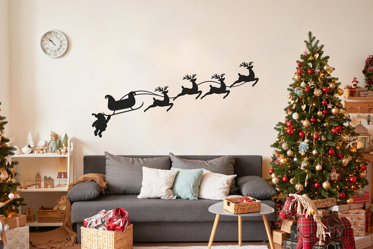 Humorous Santa & Sleigh with Deers Wall Decal - Christmas Silhouette Stickers