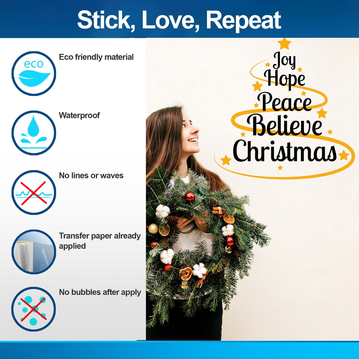 Heartwarming Christmas Quote Wall Vinyl Sticker - "Joy Hope Peace Believe Christmas"