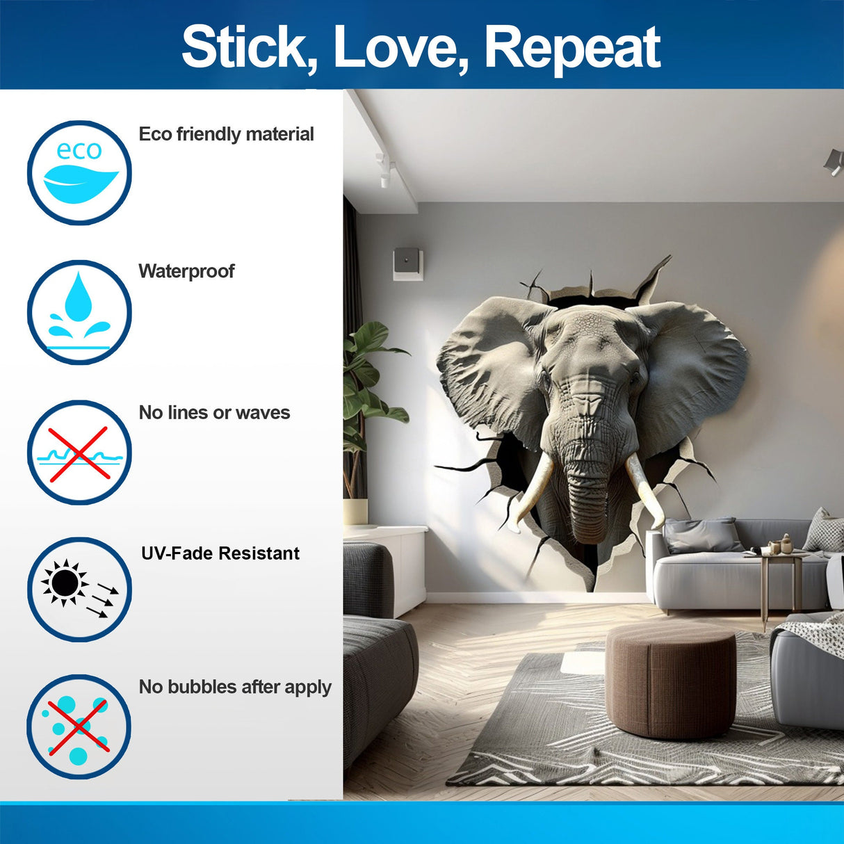 3D Elephant Head Wall Sticker - Realistic Broken Illusion Effect Vinyl Decal