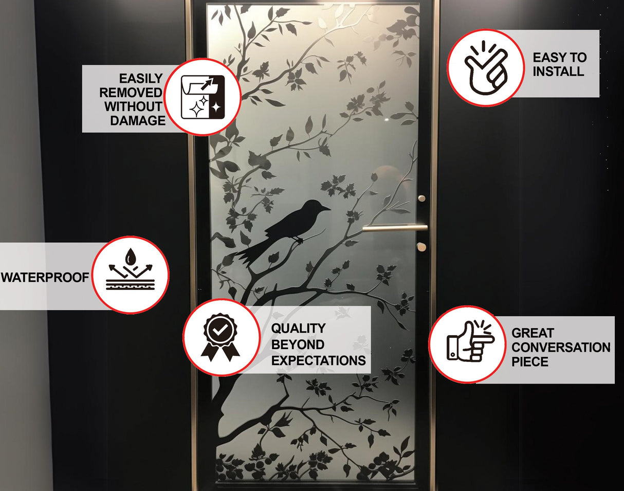 Elegant Frosted Black Tree Silhouette Decal for Glass Doors or Windows - Privacy Frosting Film with Etched Branch and Bird Sticker Design