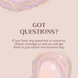 Got questions? Message us for prompt responses within one business day, set against a pastel marbled background.